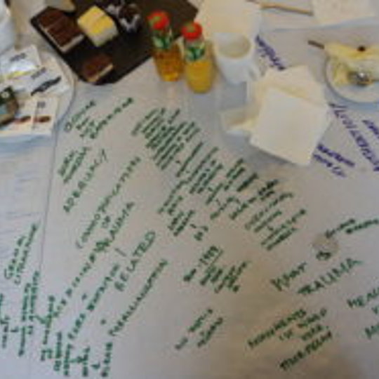 Notes on the paper cloth reflecting the discussion on the table “Cultural Heritage, Trauma, and Manipulation”. Photo: private
