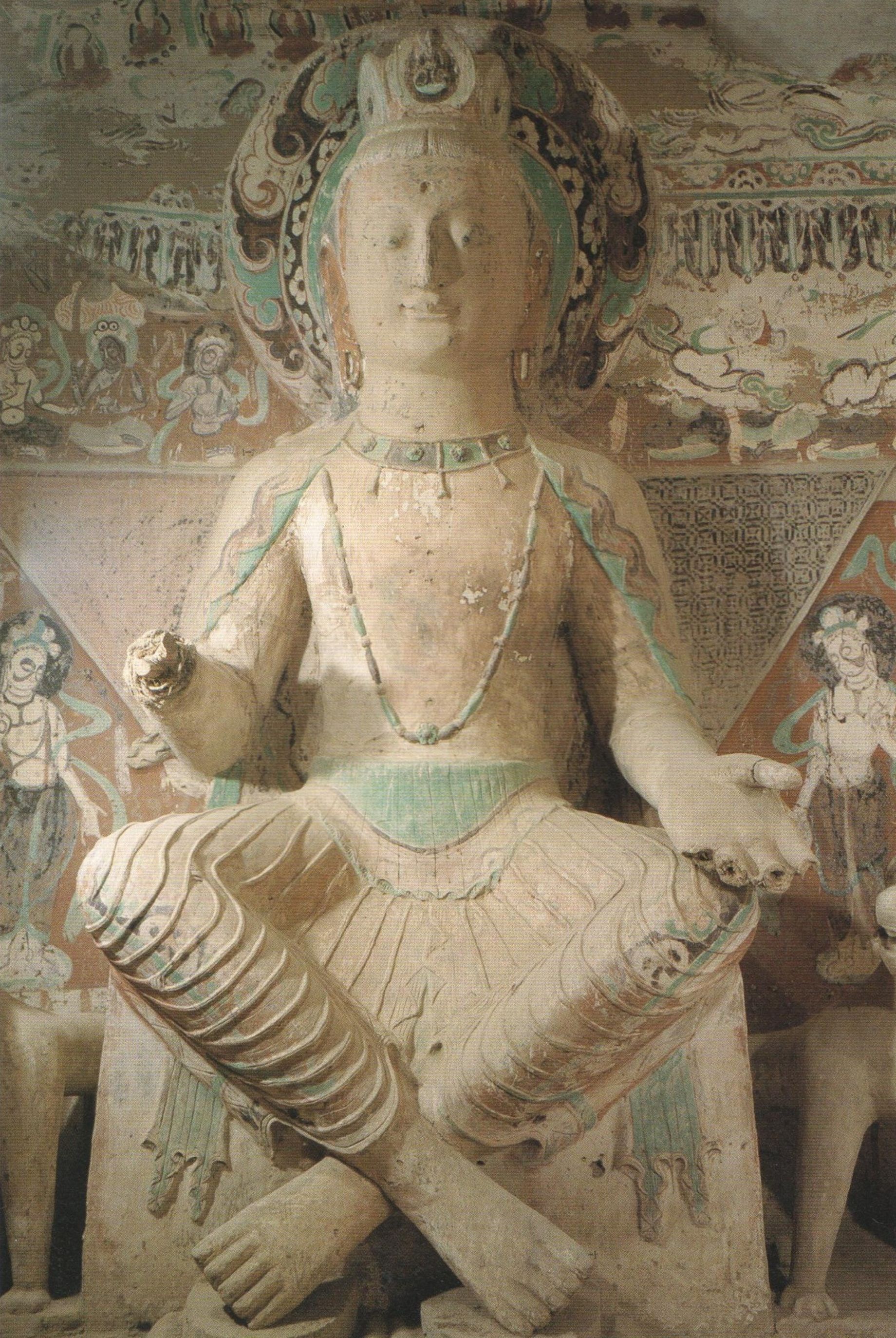 Seated Bodhisattva, painted clay, Mogao Cave 275, Dunhuang, Gansu Province, early 5th century