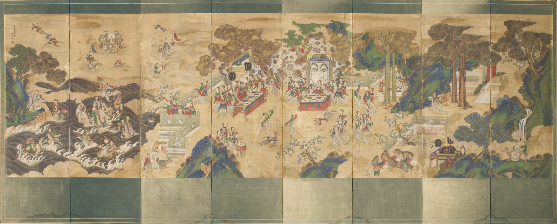 The Banquet of Xiwangmu, the Queen Mother of the West, at the Turquoise Pond, eight-panel folding screen, ink, color, and gold on silk, 120.3 × 407.0 cm, Los Angeles County Museum of Art.