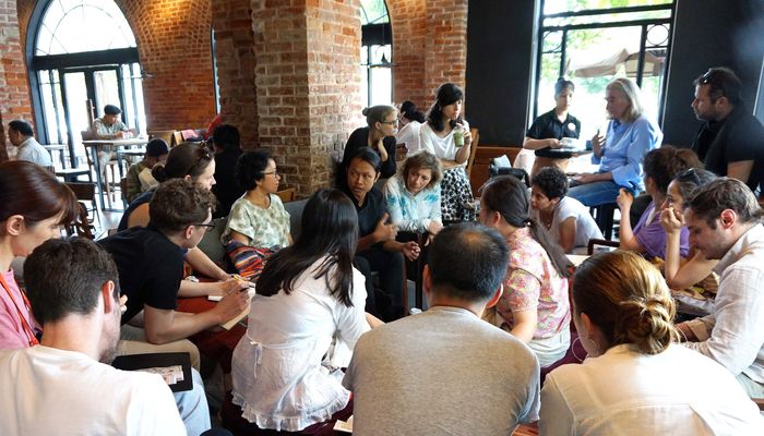 Art Histories and CAHIM Fellows 2018/19 and teams meet with Pen Sereypagna (Vann Molyvann Project), Phnom Penh, Cambodia. Photo: Claudia Pfitzner