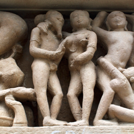 Sculptures on the platform of the Lakshmana temple, Khajuraho, ca. 950 CE.